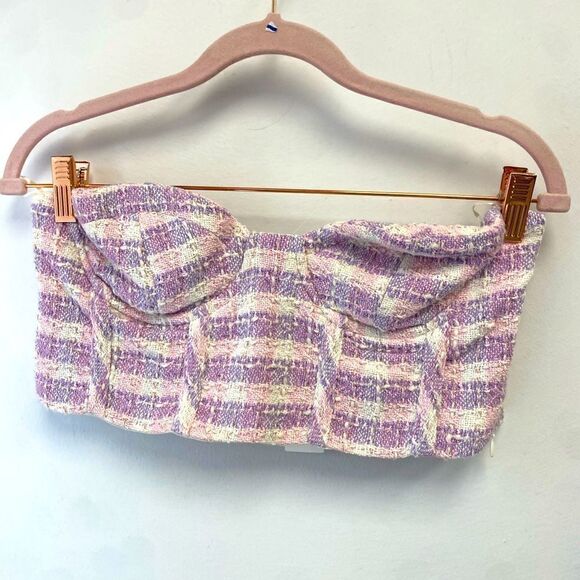 NWT Zara Pink Purple White Plaid Tweed Textured Corset Crop Top Sz M - Picture 2 of 9